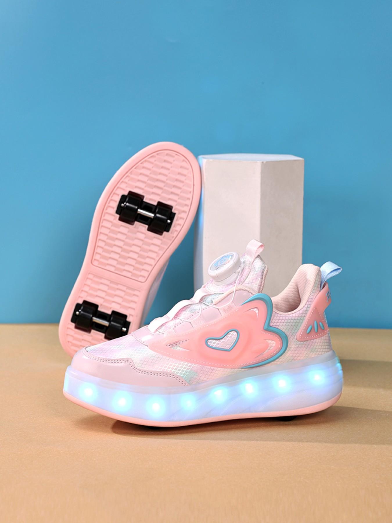 Girls' Walking Shoes with Rotating Buckle, Night Glow Color Changing LED Lights, Waterproof Leather, USB Rechargeable, Detachable Wheels, Trendy Trainers