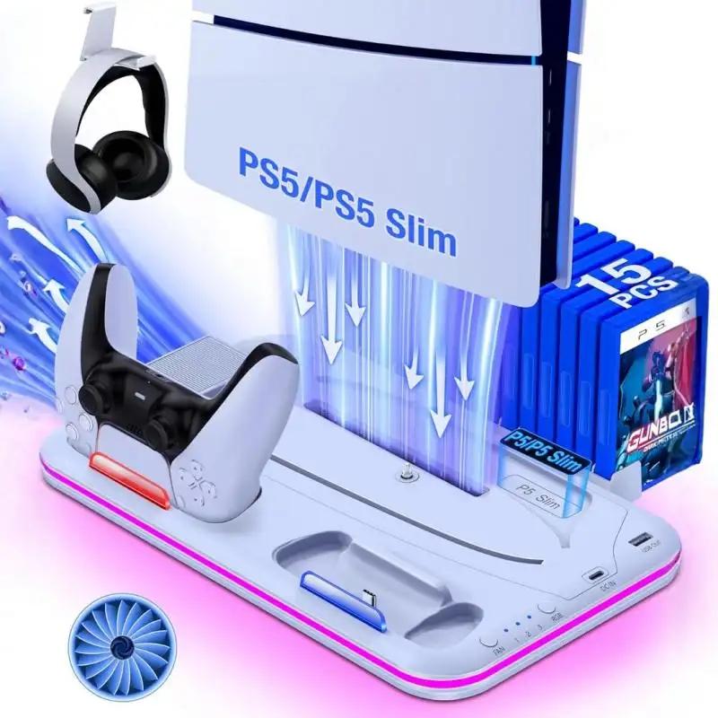 PS5 Stand with Cooling Station and Controller Charging Station for PlayStation 5 Slim Console, PS5 Controller Charger, Cooling Stand, Dynamic Light, Headset Holder for PlayStation 5 Accessories, White