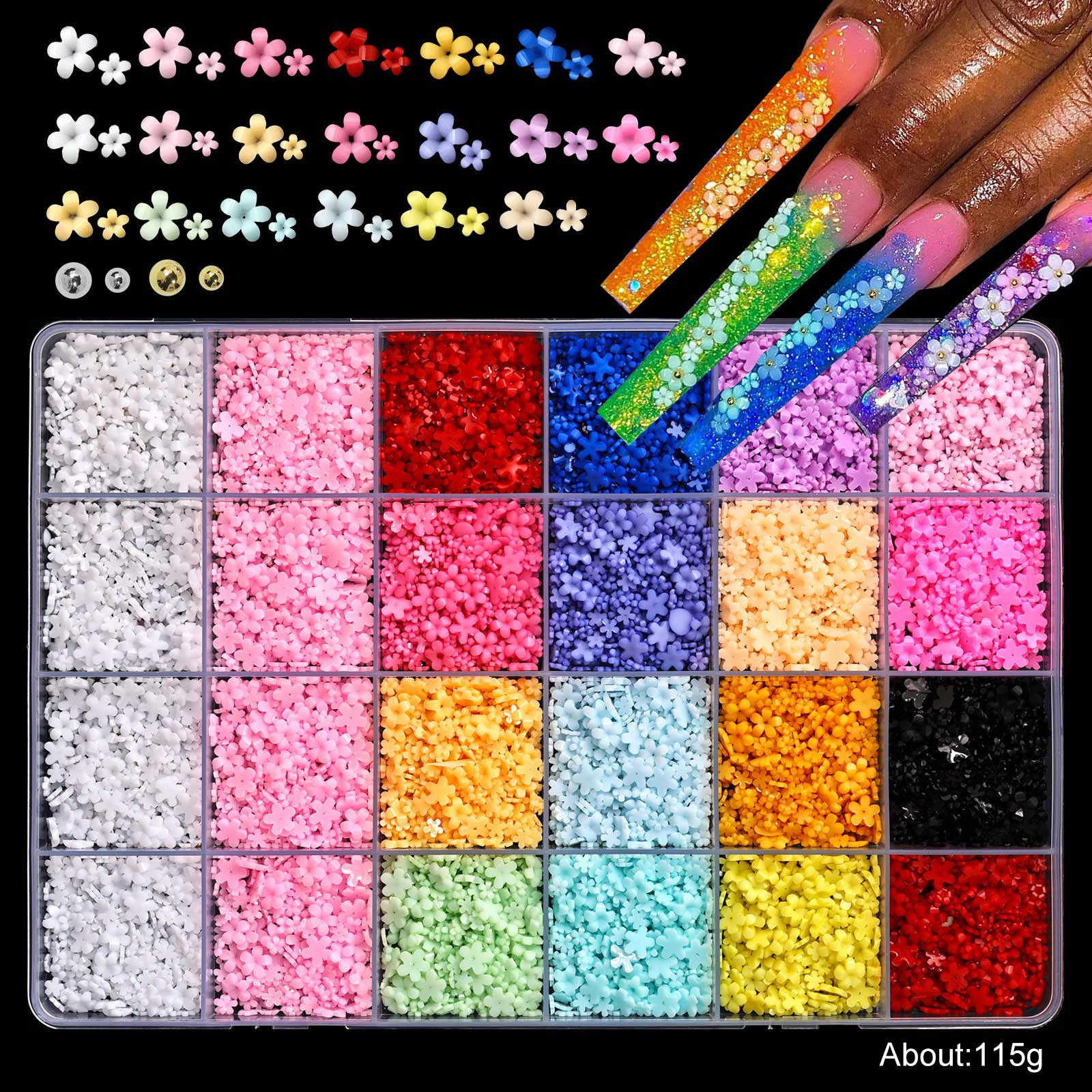 Multicolor five-petal flower nail art accessories, available in 6 compartments/12 compartments/24 compartments, ultra-thin cherry blossom petals, suitable for various styles of nail decoration, for professional nail salons