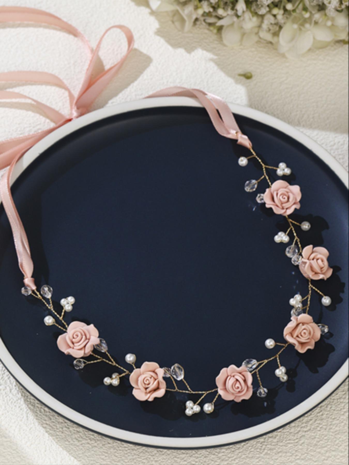 Elegant Rose Pearl Crystal Bridal Hair Vine, Handmade Soft Clay Wedding Headband with Ribbon Tie, Bohemian Romantic Hair Ring