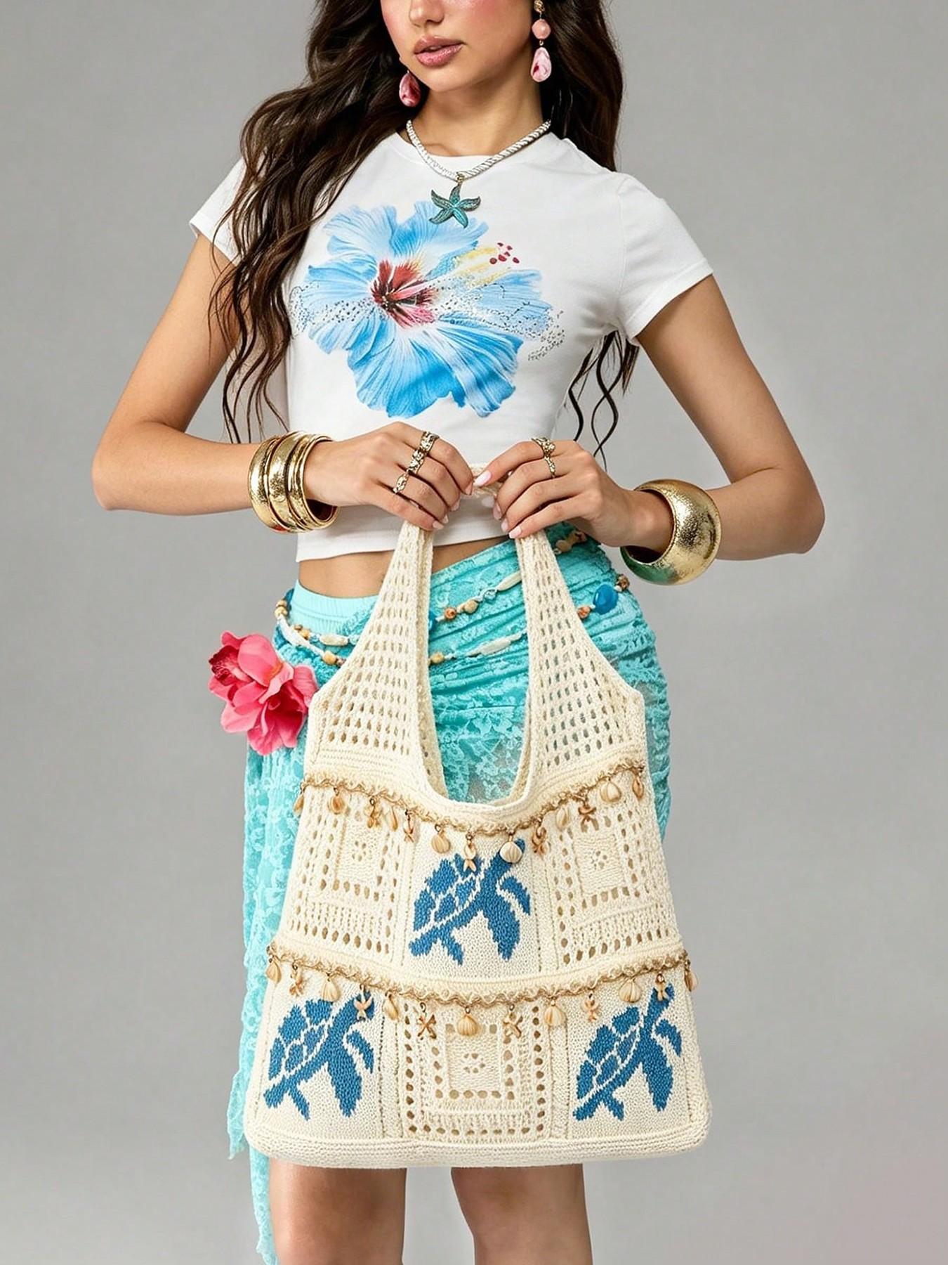 Vacation style simple and personalized hollow knitted turtle tote bag, shell, starfish, tassel hanging accessories, wide shoulder strap, large capacity beach bag, suitable for beach play and outdoor travel
