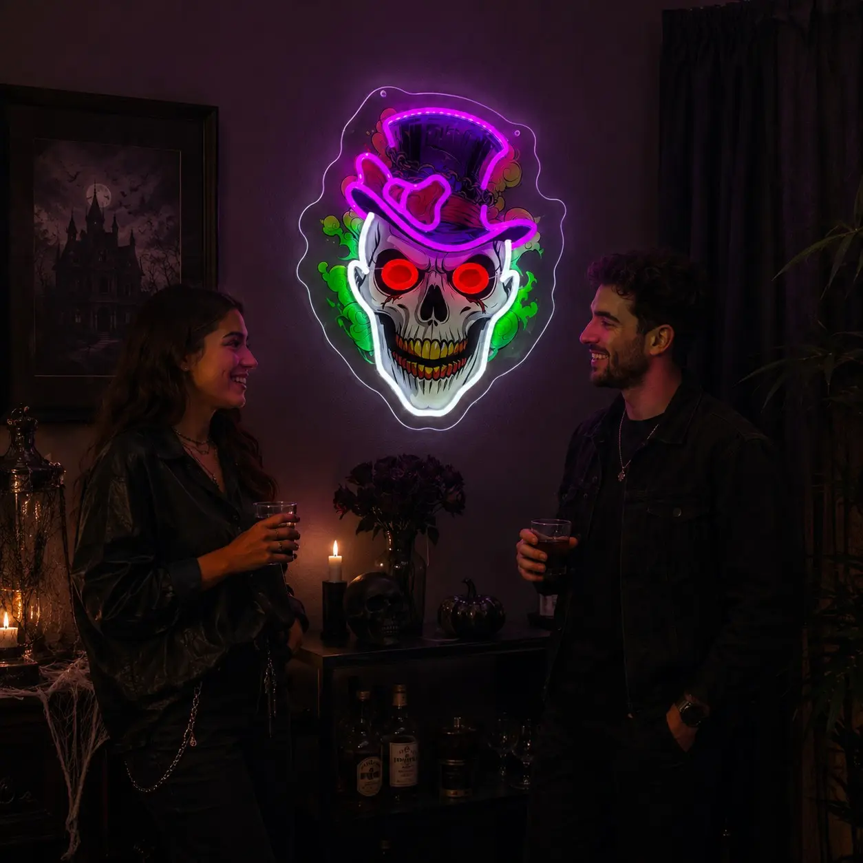 1 Pc Skull LED Neon Sign, Spooky Gothic Wall Decor with Top Hat and Red Eyes, Colorful Halloween Home Accent for Bedroom, Game Room, Bar, Party Setup, Gift for Horror Fans and Seasonal Room Decor