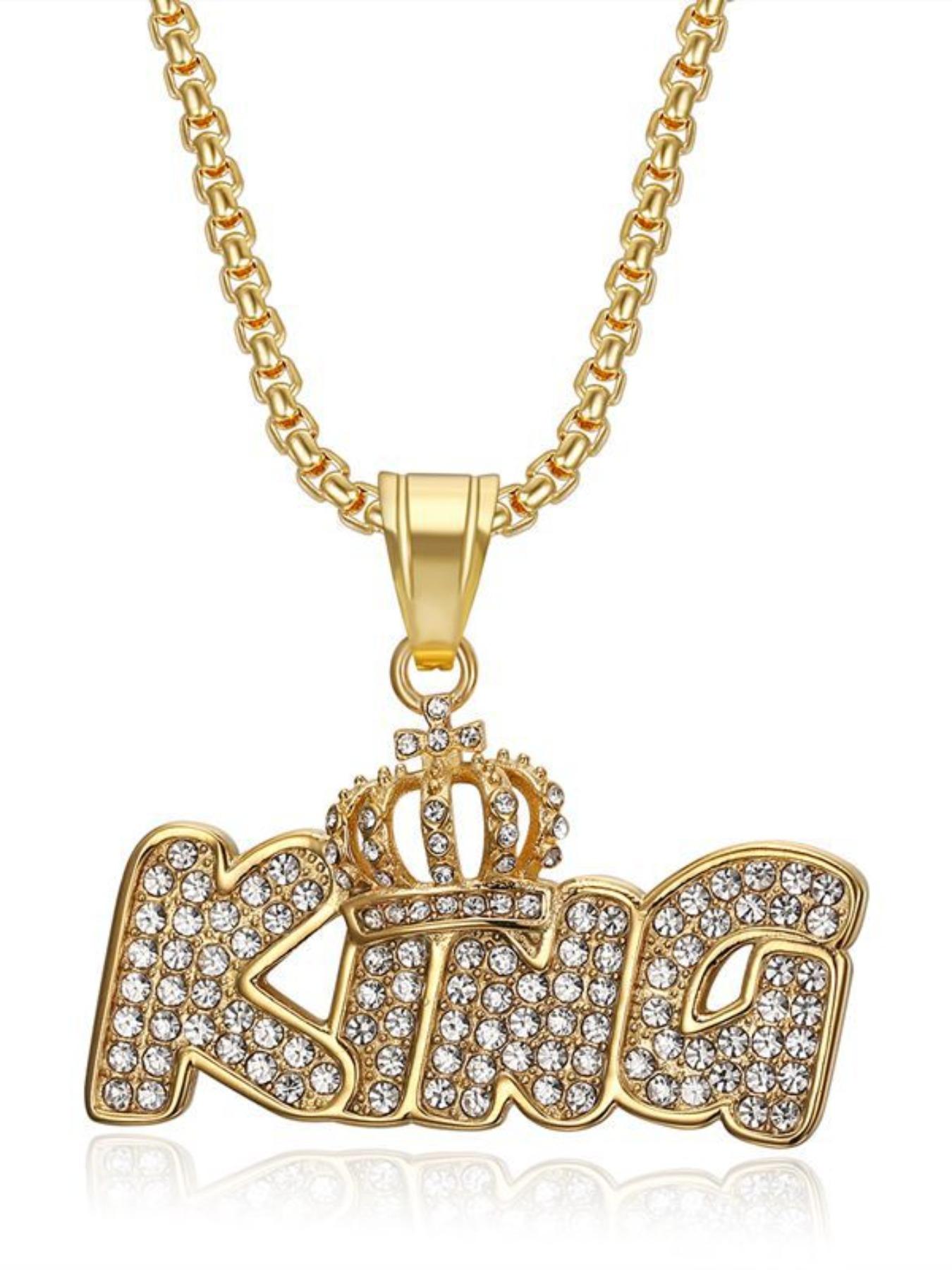 Hip Hop Titanium Gold Plated Crown Pendant Necklace, King King Letter Charm, Stylish Jewelry for Men and Women, Trendy Accessory
