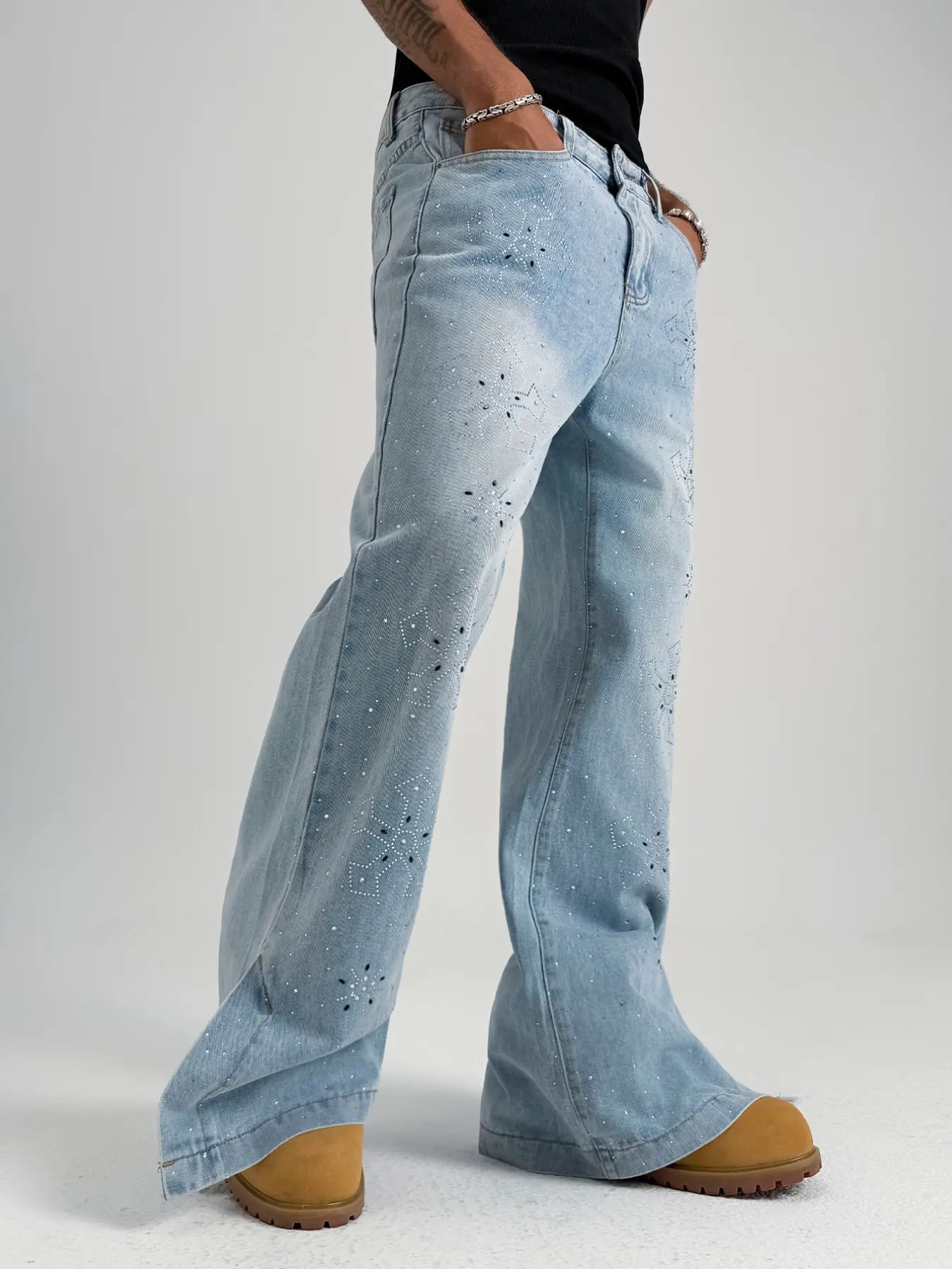 Light Blue Washed Split Jeans for Men, Rhinestone Decor, Micro Flare Fit, Side Pocket, Vintage Casual Long Pants, All Seasons
