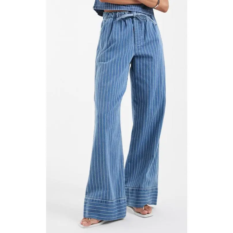 Imily Bela Women Vertical Striped Denim Wide Leg Pants Elastic Drawstring High Waist Loose Casual  Cuffed Hem Fashion Wide Leg Pants