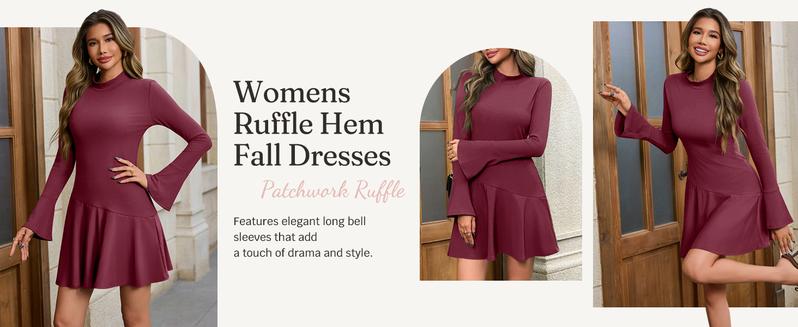 Wenrine Women's Long Bell Sleeve Mini Dress Casual Mock Neck Ruffle Hem Slim Fit Fall Knit Dresses