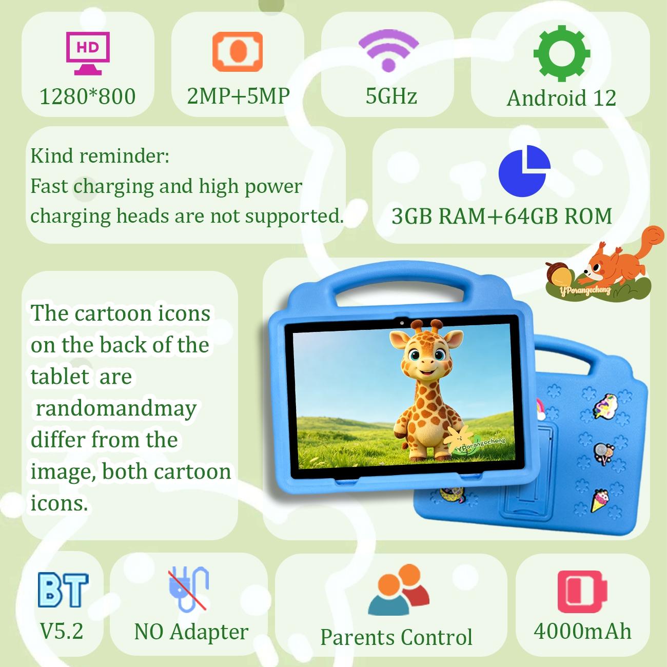 Summer New 10.1" Kids Student Tablet Set, 5G+WiFi, HD Screen, Dual Cameras & Shockproof Case, Multi-use for Office, Study, Education & Entertainment, Unisex Ideal Gift for Easter, Halloween, Christmas & Birthday, Blue/Pink/Orange/Green,No Adapter