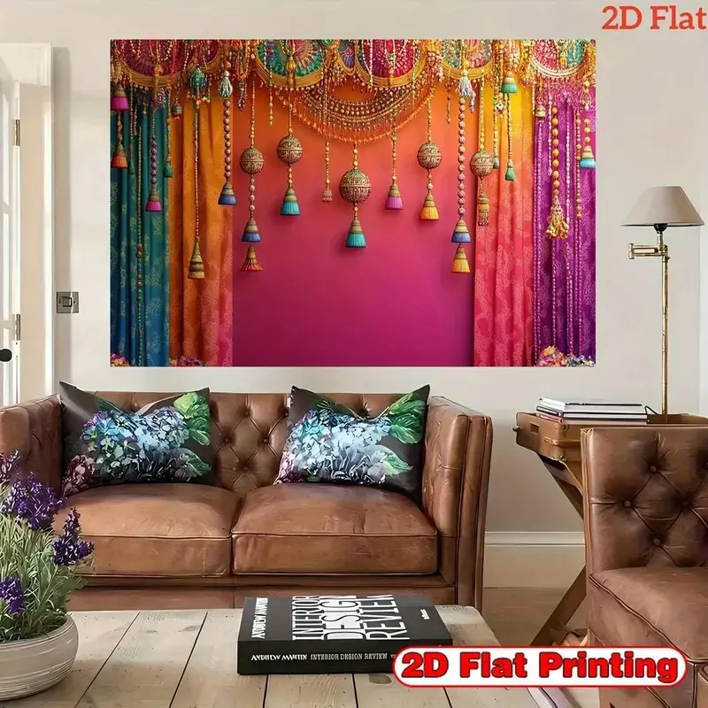 1pc Soft Hangable Woven Graphic Banner Throw - Durable 2D Flat Indian Traditional Patterned, Multi-Toned Wedding Glam Accessory, Indoor Hanging Backdrop with Purple, Blue, Golden, Pink, Orange, Teal, White Text Non-Electric Textile Decor