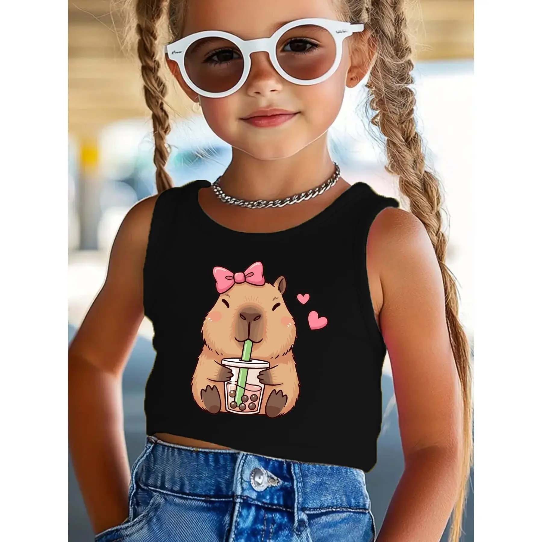 Summer Girls' Fashion Sports Tank Top "Capybara Holding a Bubble Tea" Cartoon Print Casual Vest