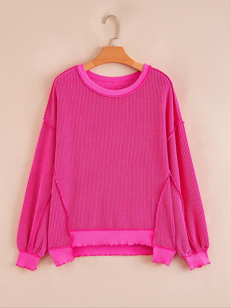 Spring & Fall Casual Women's Solid Color Twisted Ribbed Asymmetrical Hem Loose Drop Shoulder Long Sleeve Knit Top