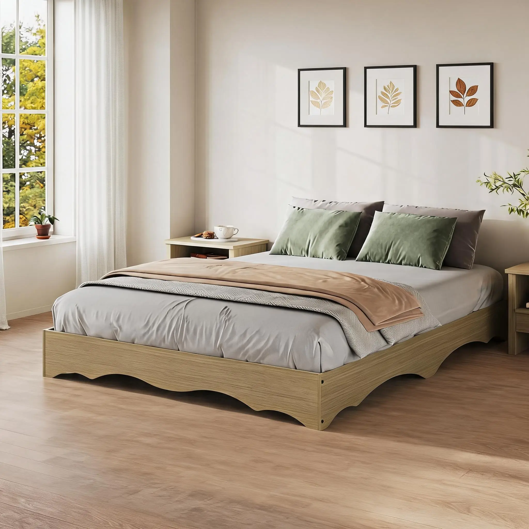 Minimalist Wavy Design Wood Platform Bed Frame - Sturdy Noiseless Support - Low Profile Modern Bedroom Furniture - No Box Spring Needed