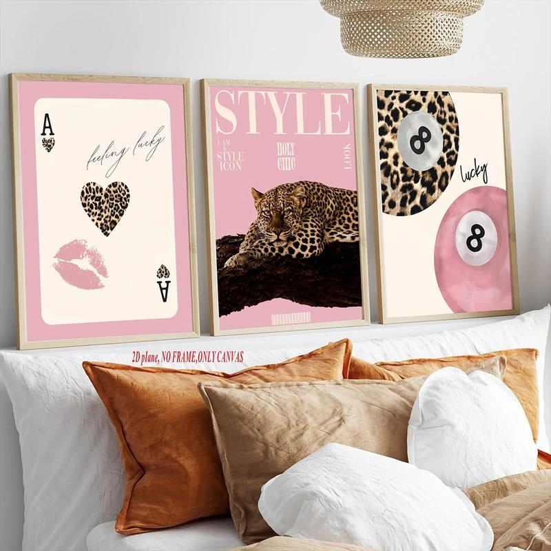 3-Piece Set, Fashionable Leopard Print with Cheetah Canvas Artwork, Pink Girls' Lucky 8 Ball Wall Art Poster, Modern Living Room Home Decor Gift, Frameless Canvas Print, 2D Flat Artwork