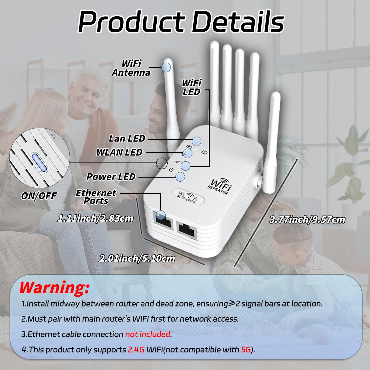2.4GHz Router Signal Amplifier, Wireless Signal Booster, 50 Devices, 4 Modes, 6 Antennas, 360° Coverage, Ethernet Port, Wall Mount, 10,000 Sqm