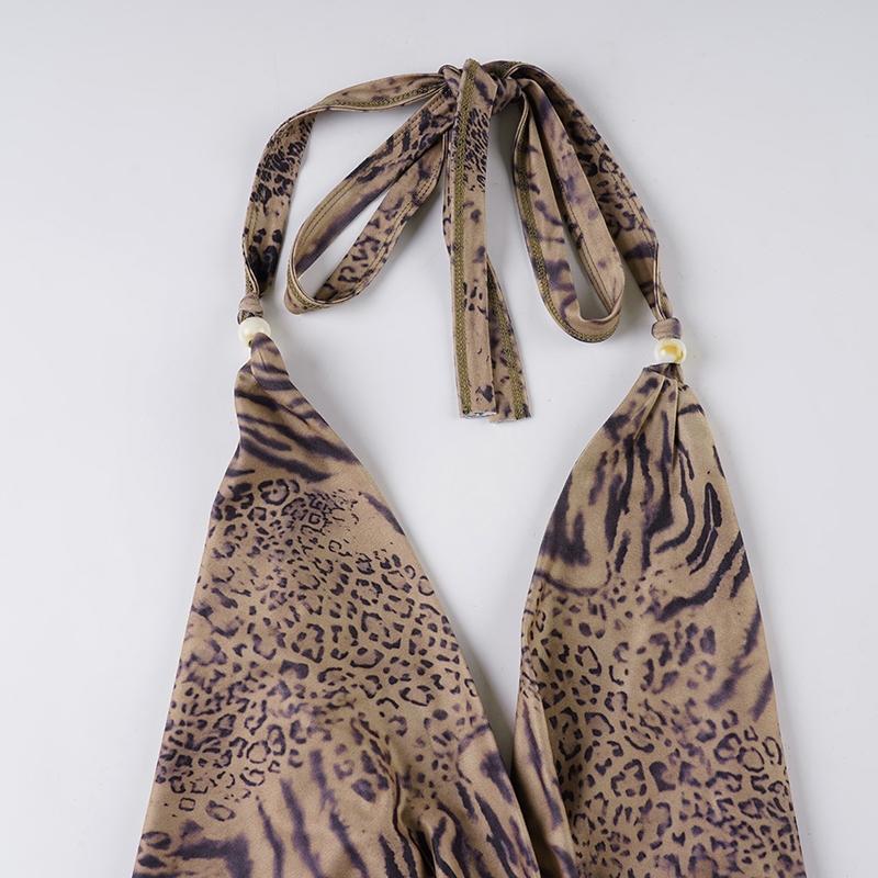 Sexy Leopard Halter Top + Tight Shorts Set, Women's Backless Crop Top, Street Style, Polka Dot Pattern, Natural Waist, All Seasons