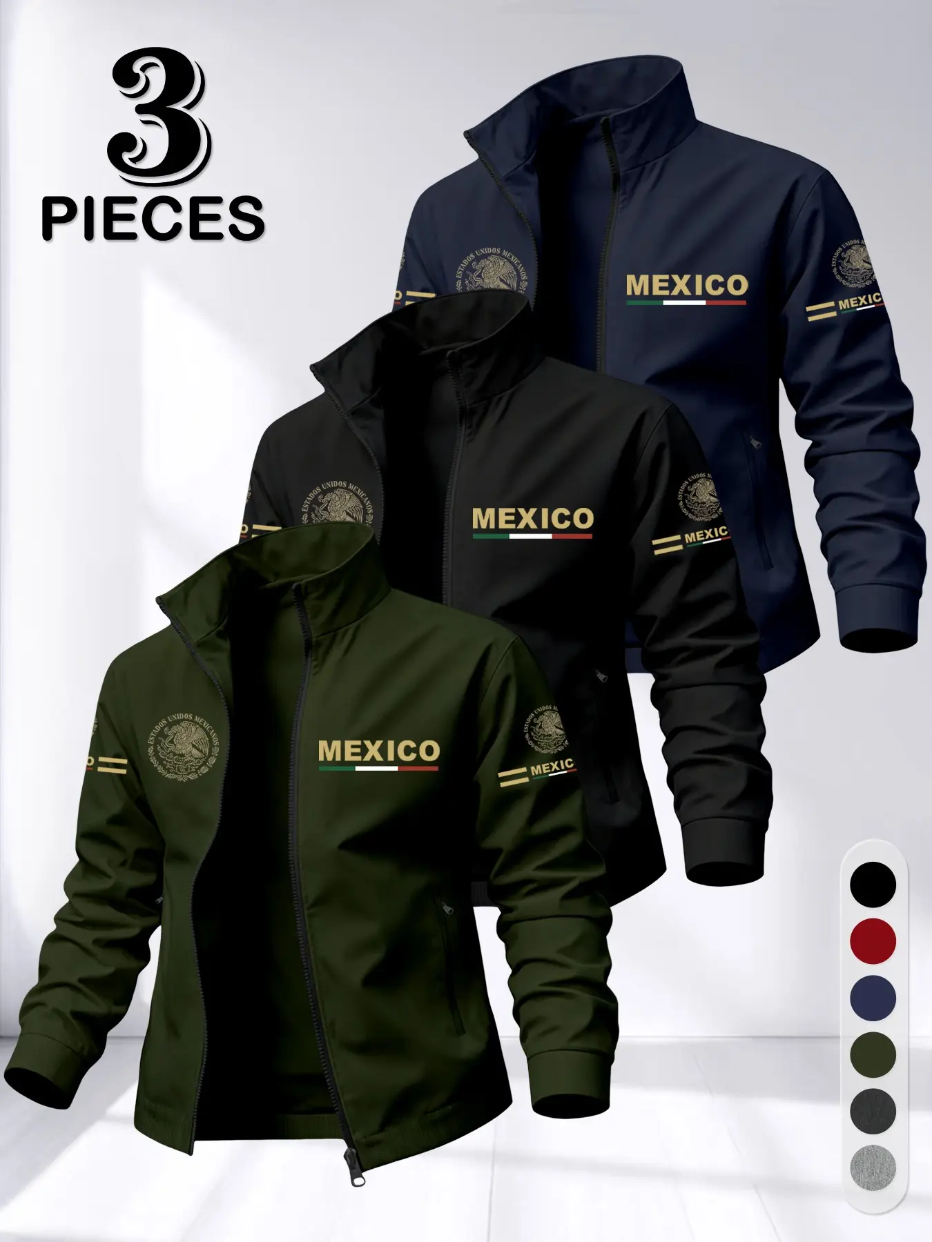 Men's Stand Collar Loose Fit Jacket with Mexico Flag Print, Casual Zip Pocket Design, High-Quality Smooth Fabric, Spring & Fall Fashion Top