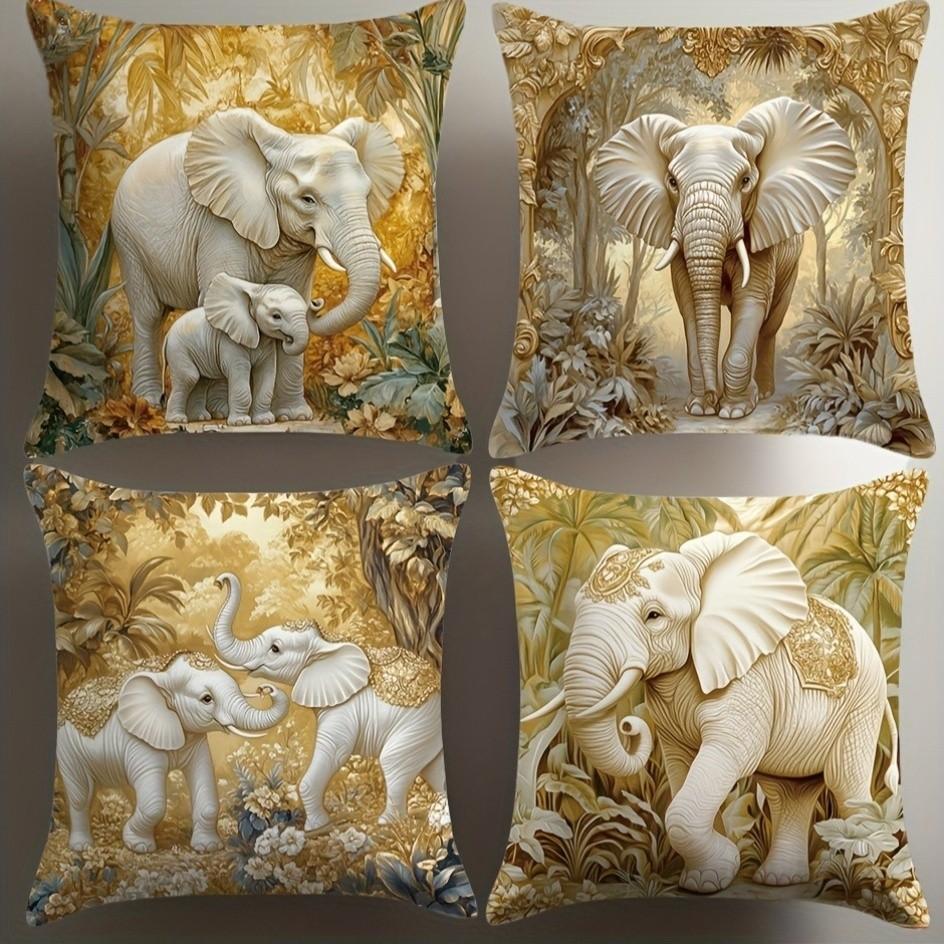 Tropical Plant and Elephant Decorative Pillow Covers, 4-Piece Set, Invisible Zipper, Easy Clean, Home Decoration