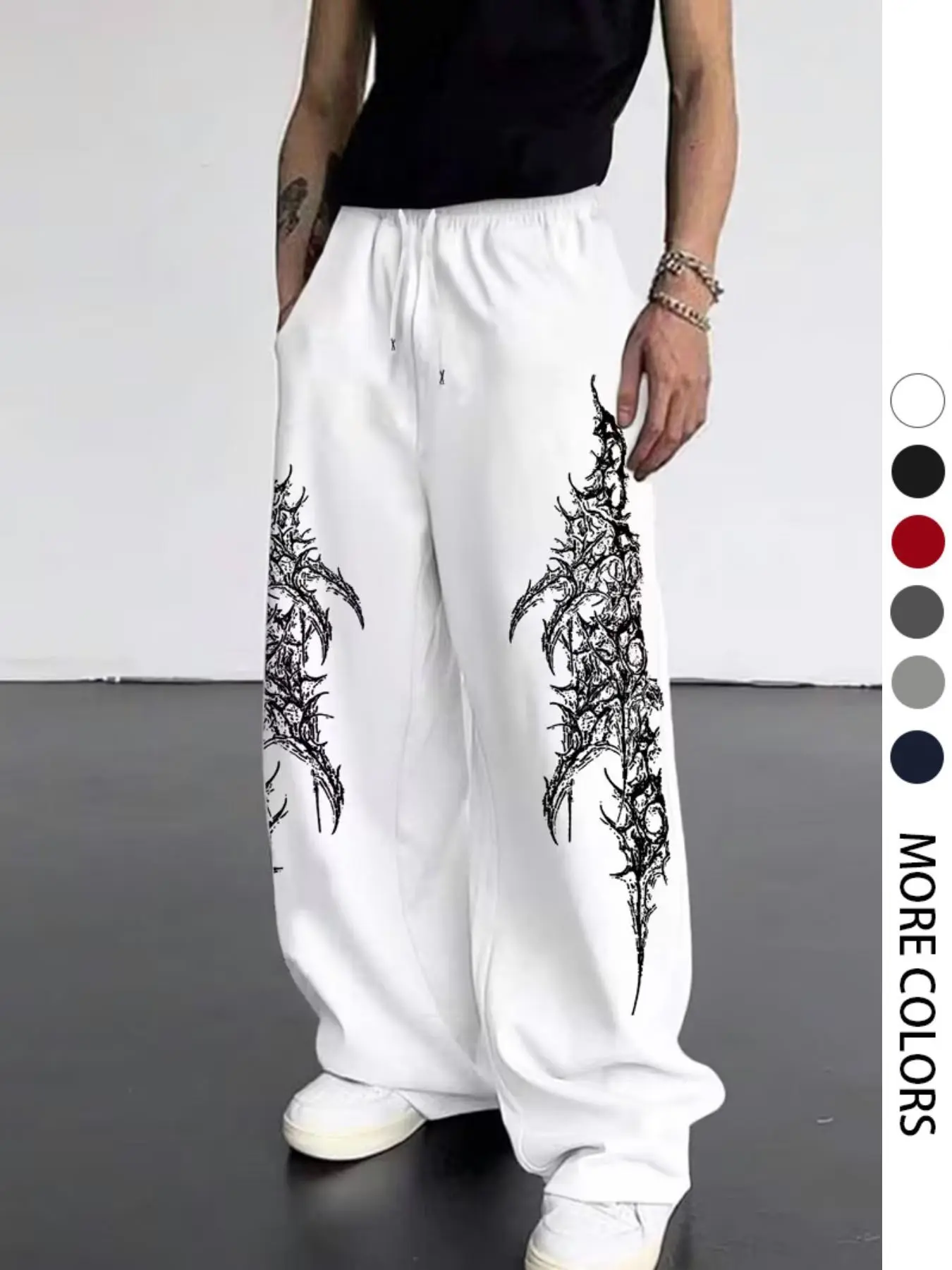 Men's Casual Graphic Print Pants, Gothic Thorn Pattern, Drawstring Wide Leg, Loose-Fit, All Seasons, Comfortable Long Trousers, Oversized