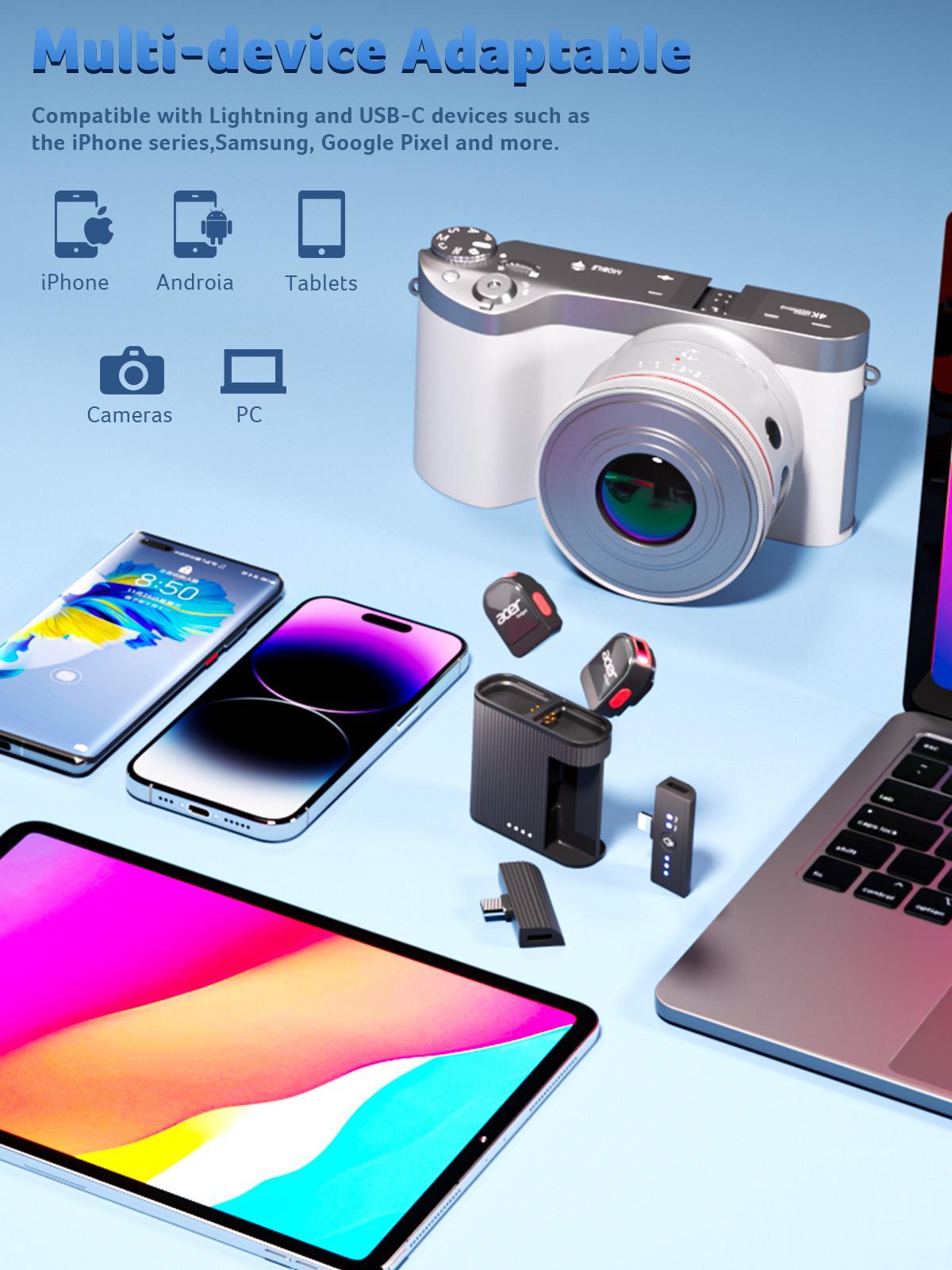 Acer Gadget H01 Wireless Lavalier Microphone for iPhone Android PC Laptop Portable Mini Clip on Mic with Lightning USB C Plug 48KHz 24Bit Noise Cancellation 24H Battery for Video Recording Vlogging Streaming Outdoor - Audio