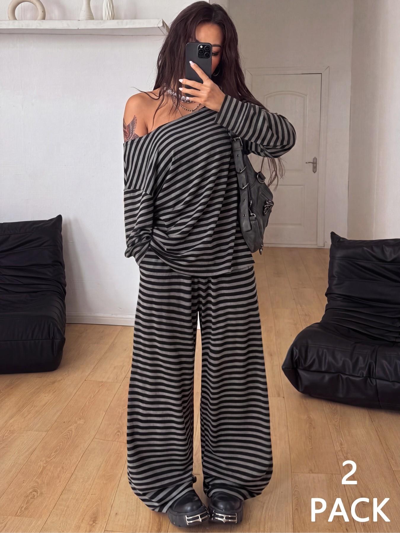 European and American Street Style Four-Season Set, Casual Long Sleeve T-Shirt and Wide Leg Baggy Pants, Comfortable Sportswear for Daily Wear