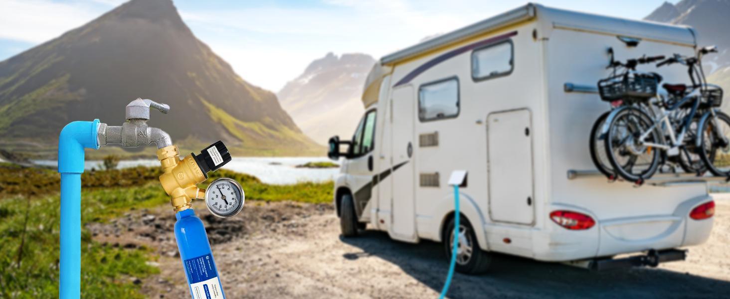 RV Water Pressure Regulator, Adjustable Handle Brass Water Pressure Regulator, Water Pressure Reducer with Gauge and Inlet Screened Filter for RV Camper Travel Trailer