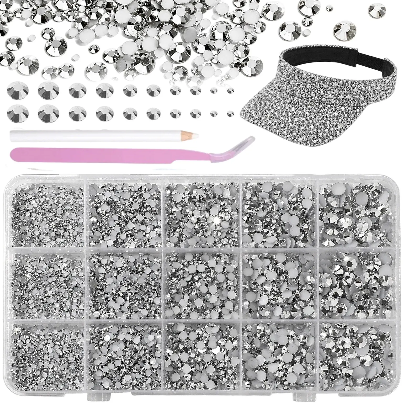 12000 Silver Color Resin Bead Set, Multiple Sizes, Ideal for Nail Art, DIY Crafts, Jewelry Decoration, Flat Bottom Design