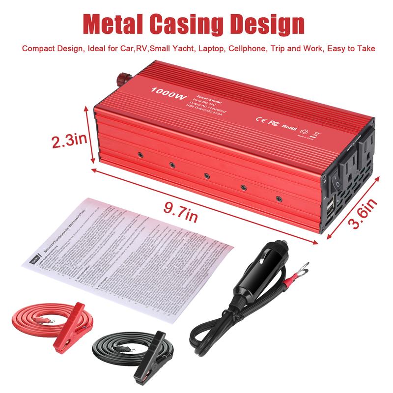 KUNLUN 1000W/1500W Peak Car Power Inverter | 12V DC to 110V AC Converter with Dual AC Outlets & USB Ports – Ideal for Boats, Off-Grid Systems, Solar Power, and Outdoor Travel Portable Socket Safety