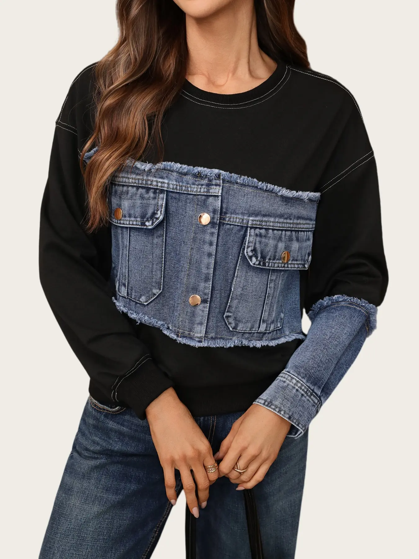 Women's Denim Patchwork Sweatshirt, Round Neck Long Sleeve, Frayed Hem, Button Pocket, Contrast Stitching, Casual Loose Fit, Spring & Fall, Wifey Sweatshirt