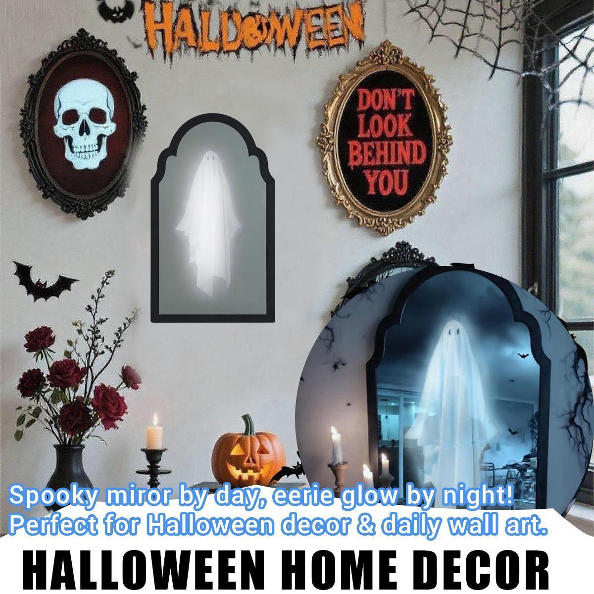 Ghost Mirror Halloween Decor – LED Holographic Ghost Illusion Mirror, 2-in-1 Daytime Mirror Nighttime Ghost, Spooky Tabletop Decoration for Mantel Shelf Party, Creepy Cute Gift for Kids Adults