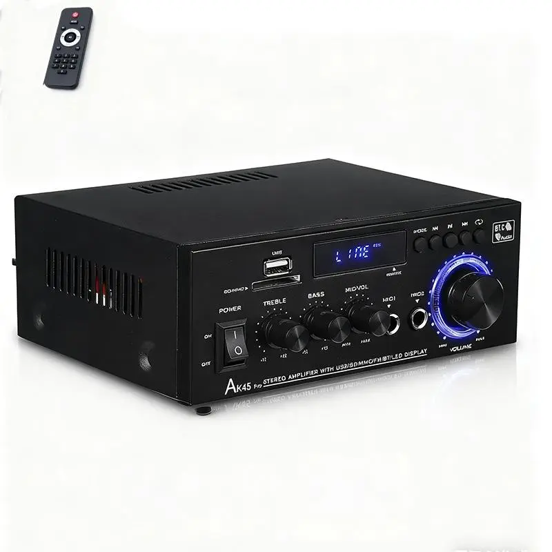 AK45 Pro Wireless Bluetooth 5.0 Stereo Amplifier - 2-Channel 800W Peak Power Audio Receiver with FM Radio, USB/SD/Aux, Remote Control for Home Theater, Karaoke