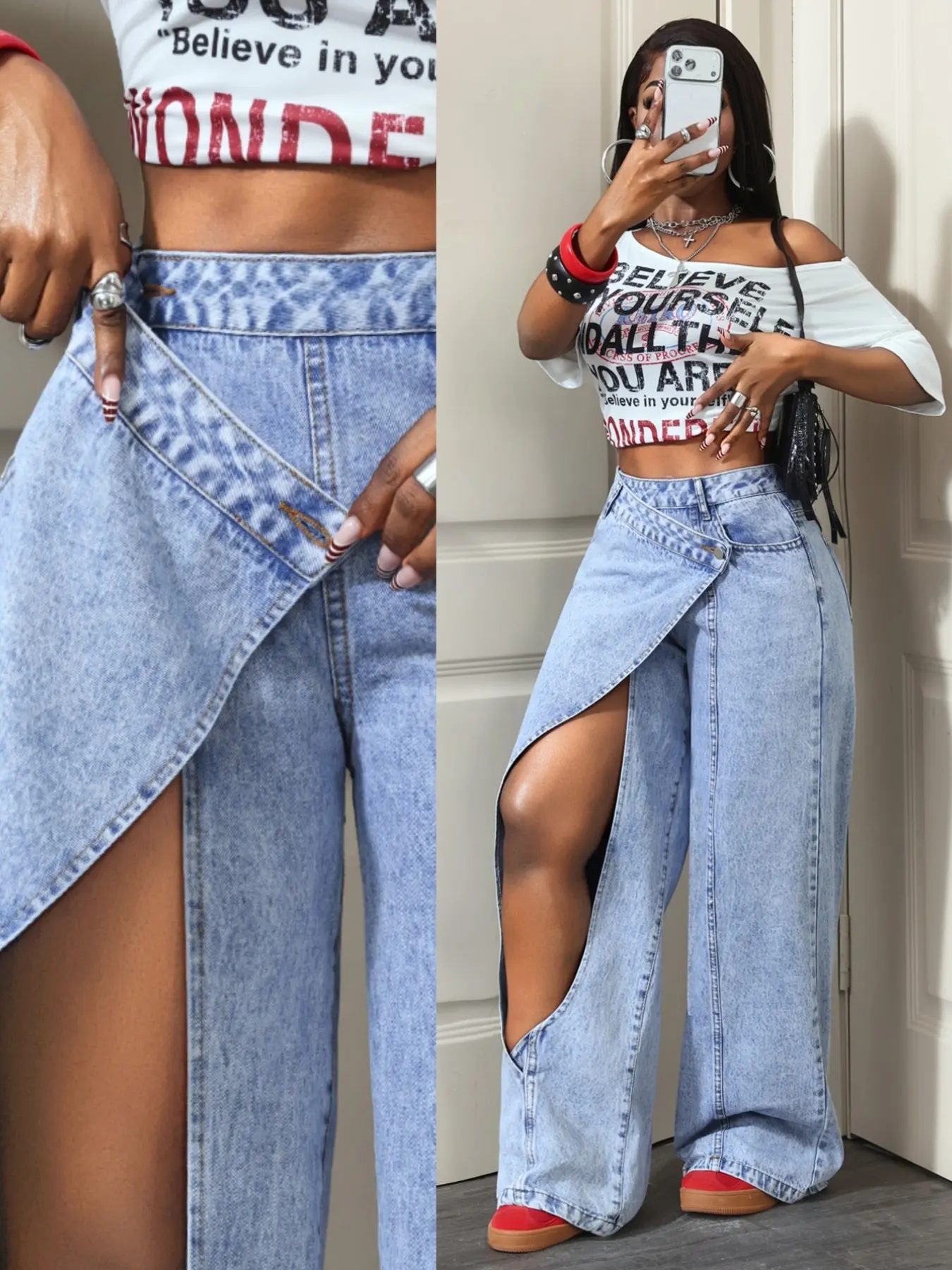 Women's High-Waisted Asymmetric Wrap Split Jeans Skirt Pants, Snow Washed Design, Wide Leg Long Pants, European and American Style