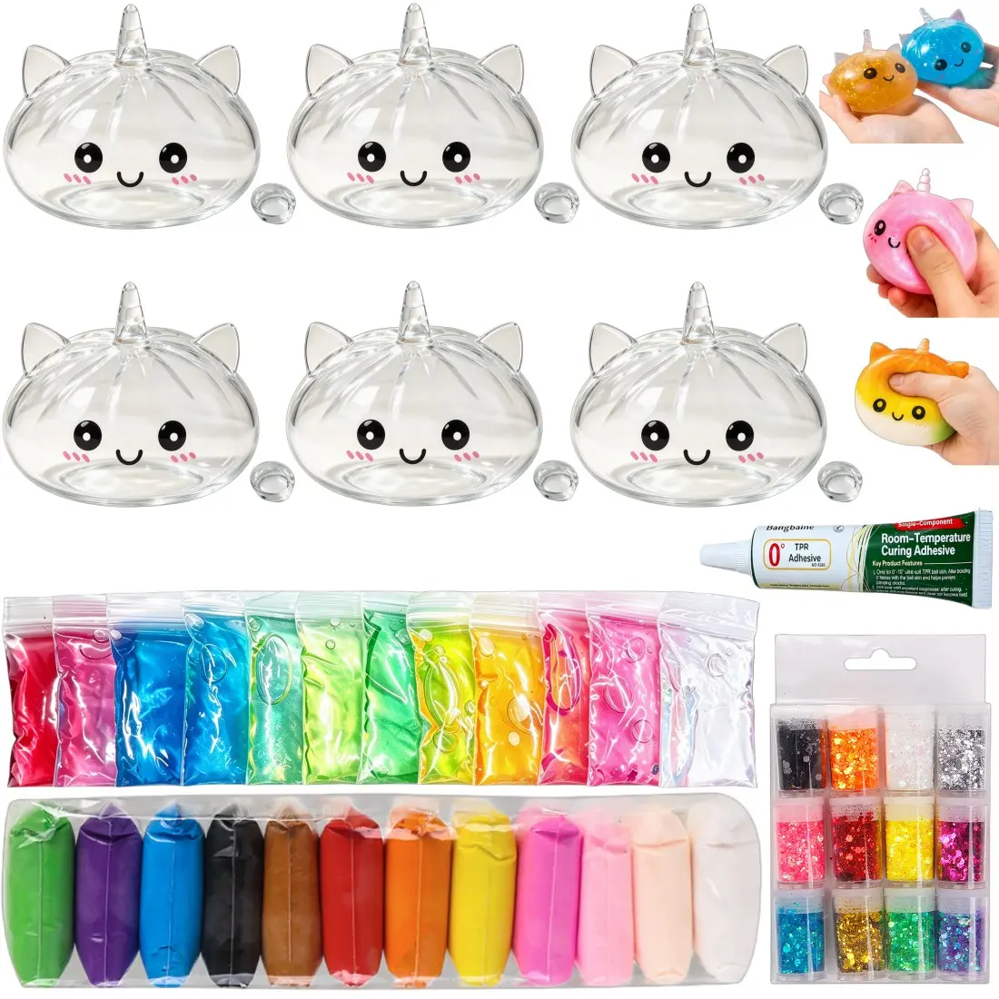 DIY Stress Ball Making Kit, includes 12 colors of clay, 12 colors of slime, 12 colors of glitter, and 6 transparent blank unicorn-shaped dumpling skins. This kneadable stress ball making kit is suitable for stress relief.
