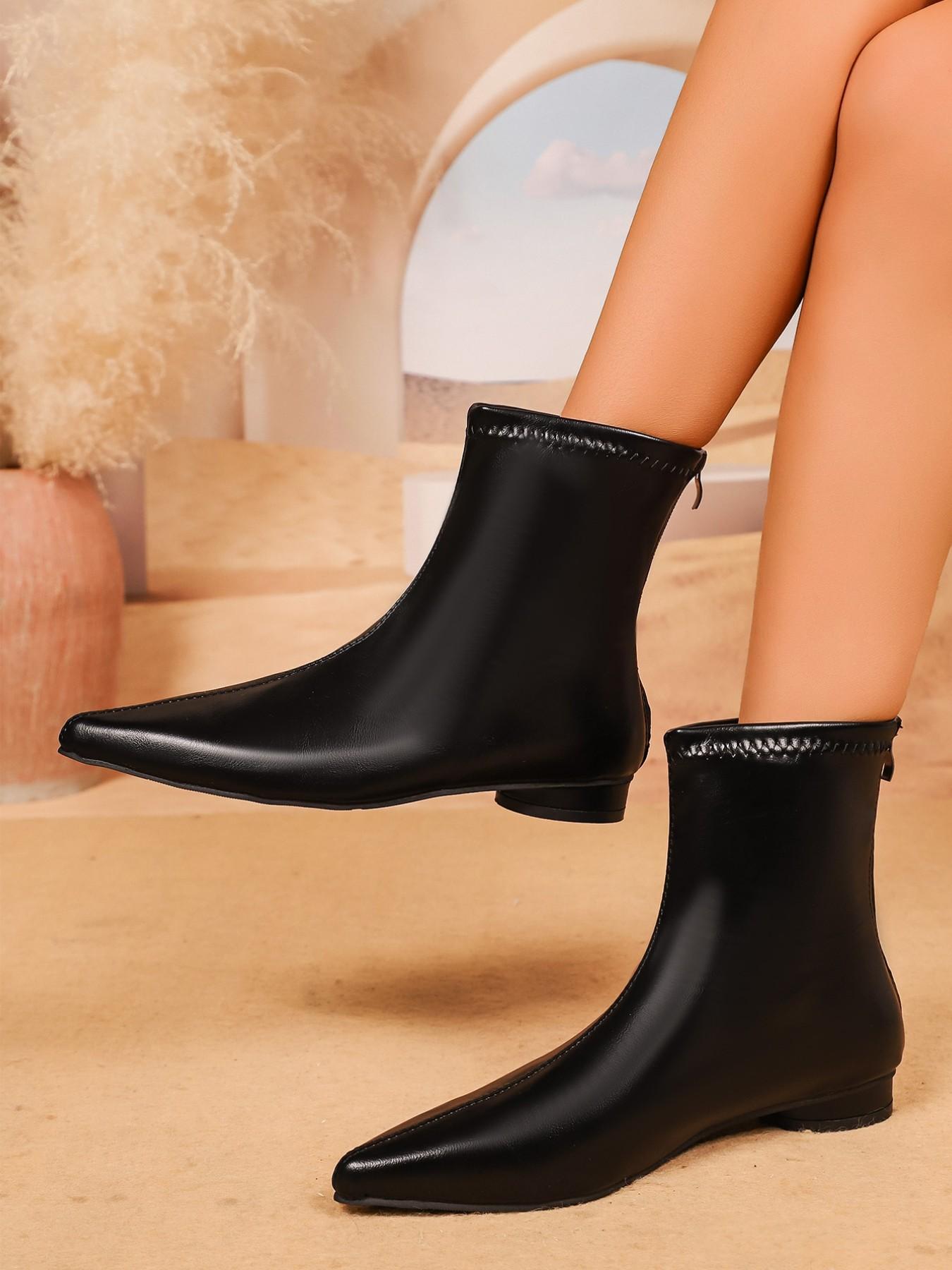 Elegant Pointed Toe Low Heel Elastic Short Boots, Soft Leather Slimming Nude Boots, Daily Commute Versatile Ankle Boots, Autumn Winter Fashion