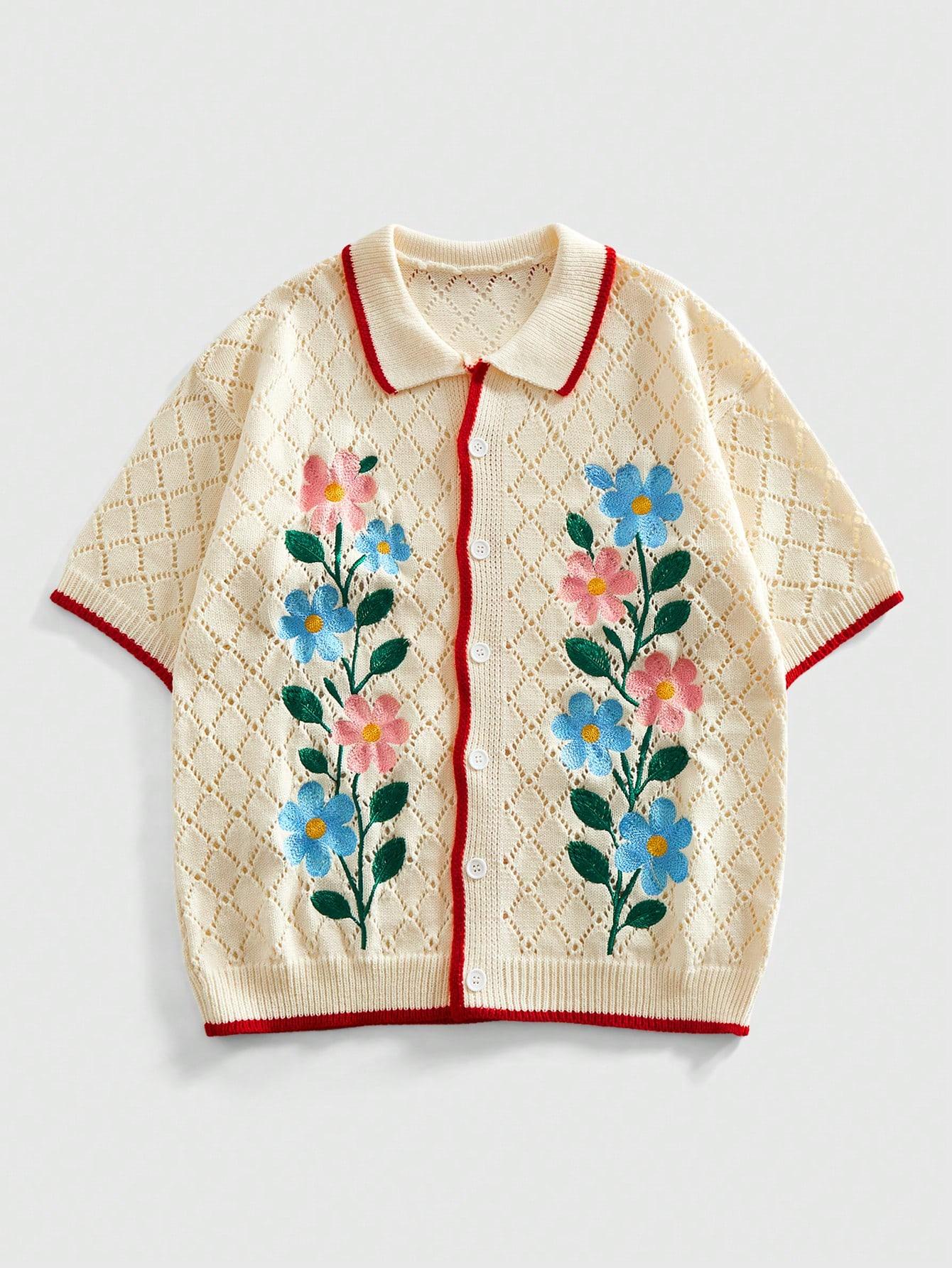 Men's Knitted Short Sleeve Cardigan, Color Block Edges & Floral Embroidery Design, Casual Hollow Out Style, Y2K Fashion for Daily Wear