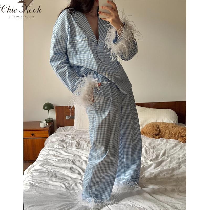 Feather Pajamas for Women Long Sleeves Button Down Shirt Lounge Pants Set Satin Silky Bridal Pjs