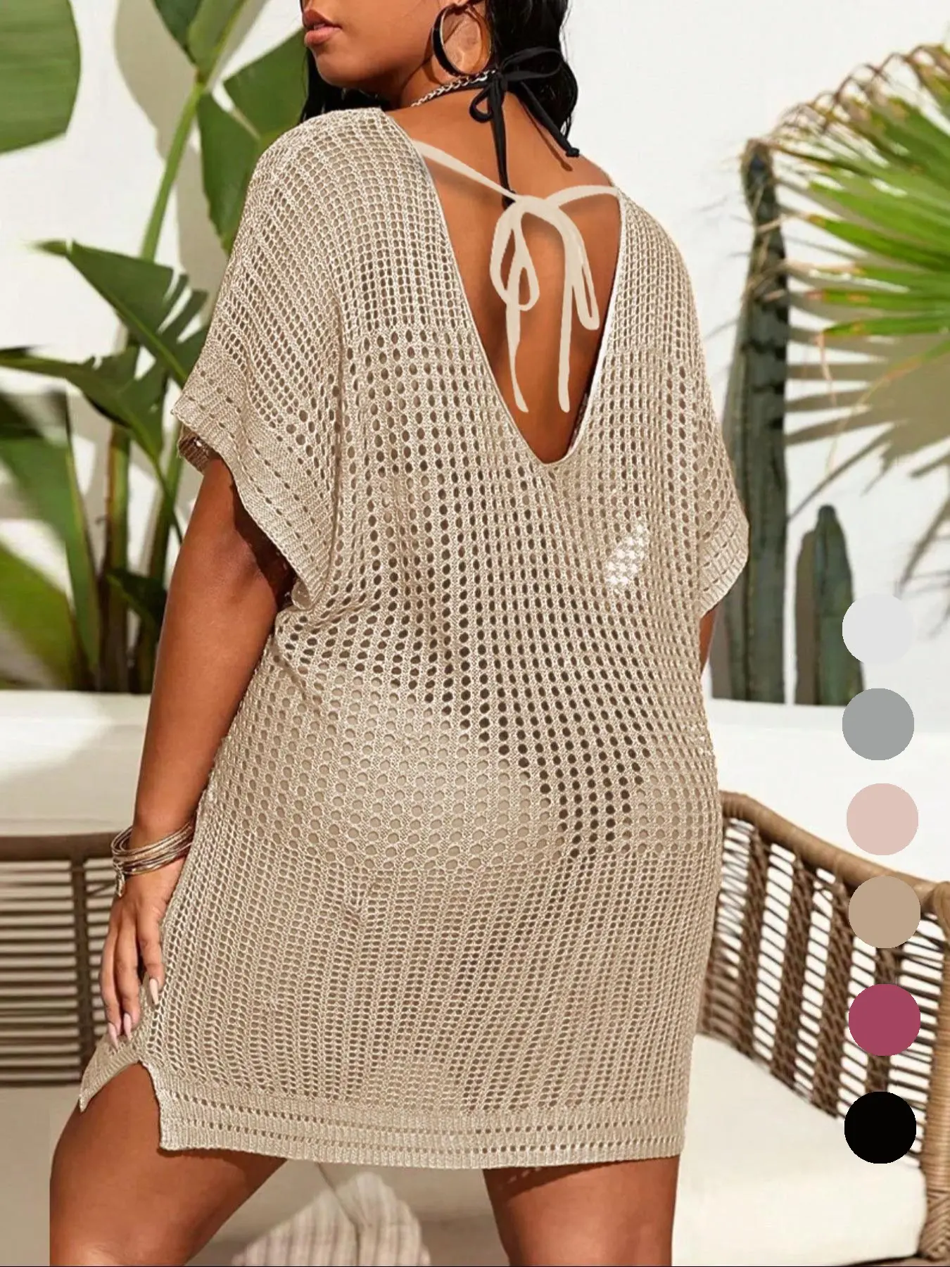【Plus Size】 Plain Knit Dress, Plus Size Women's Crochet Swimwear Cover Up Dress, Women's Plus Clothing for Beach Cover Ups Holiday Vacation, Beach Coverup