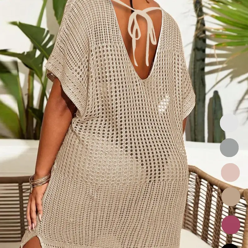 【Plus Size】 Plain Knit Dress, Plus Size Women's Crochet Swimwear Cover Up Dress, Women's Plus Clothing for Beach Cover Ups Holiday Vacation, Beach Coverup #GLOBAL PICKS