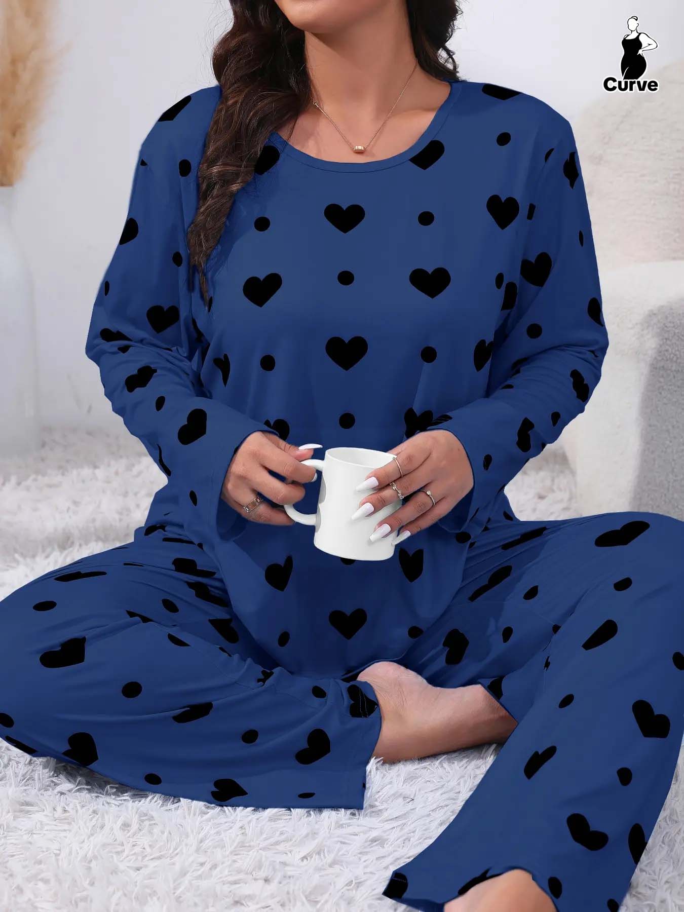 Plus Size Heart Print Drop Shoulder Pyjama Set, Casual Comfy Long Sleeve Round Neck Top & Trousers PJ Set, Pajamas, Summer Outfits 2024, Women's Sleepwear for Spring & Fall
