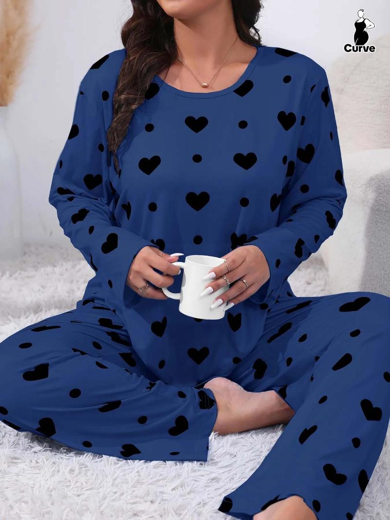 Plus Size Heart Print Drop Shoulder Pyjama Set, Casual Comfy Long Sleeve Round Neck Top & Trousers PJ Set, Pajamas, Summer Outfits 2024, Women's Sleepwear for Spring & Fall