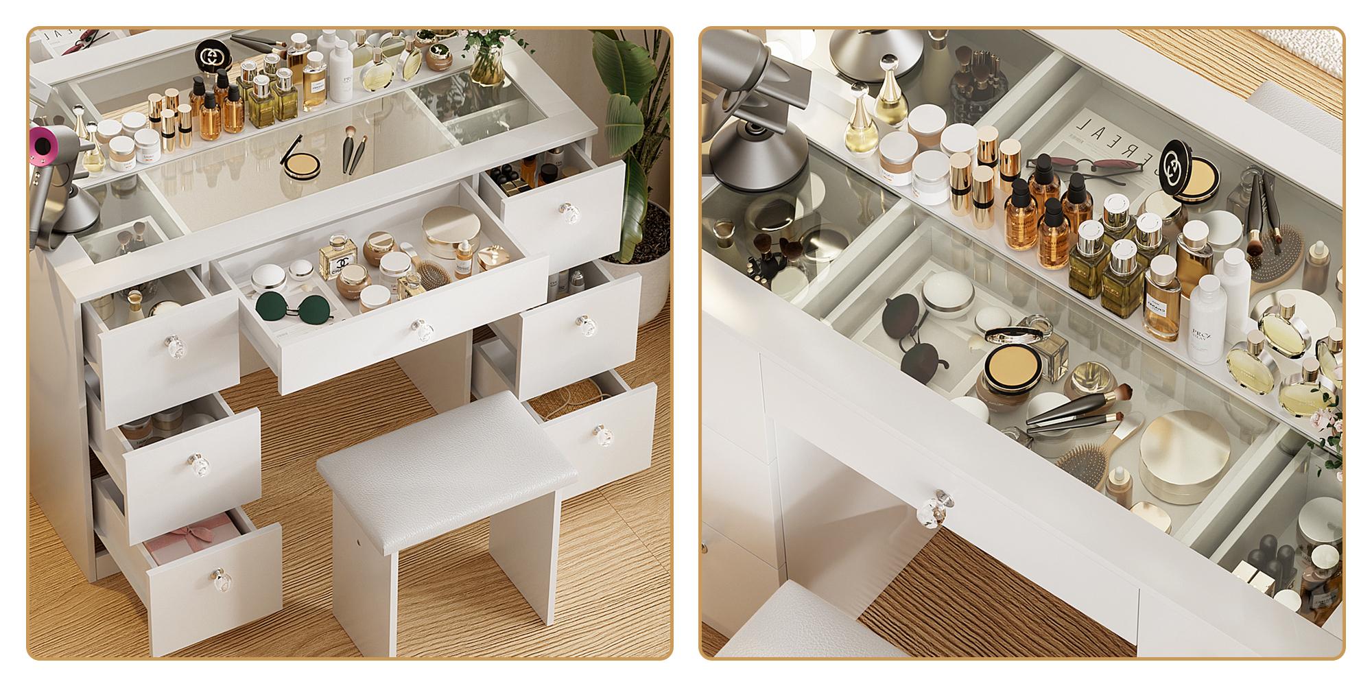 VOWNER 44" Makeup Vanity Table Desk Set With Power Outlet, 14 LED Bulbs Lights Mirror and 7 Drawers Furniture Bedroom, vanity mirror