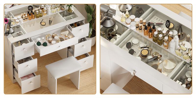 VOWNER 44" Makeup Vanity Table Desk Set With Power Outlet, 14 LED Bulbs Lights Mirror and 7 Drawers Furniture Bedroom, vanity mirror