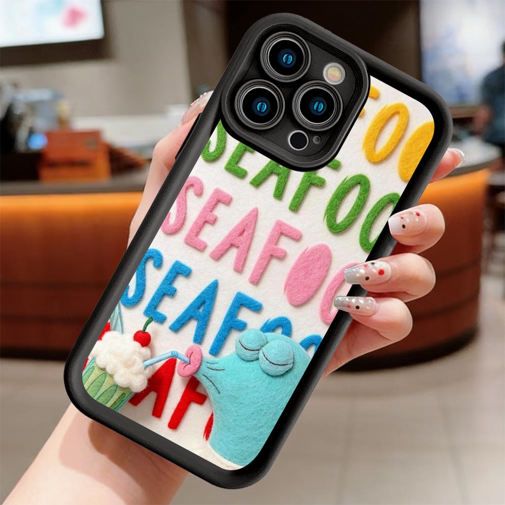SpongeBob SquarePants Squidward SEAFOOD Funny Felt Art Phone Case For iPhone 17 16 15 14 13 12 11 Pro Max Plus X XR XS Air Cute Colorful 3D Felt Style Cartoon Character Shockproof Soft TPU Bumper Cover