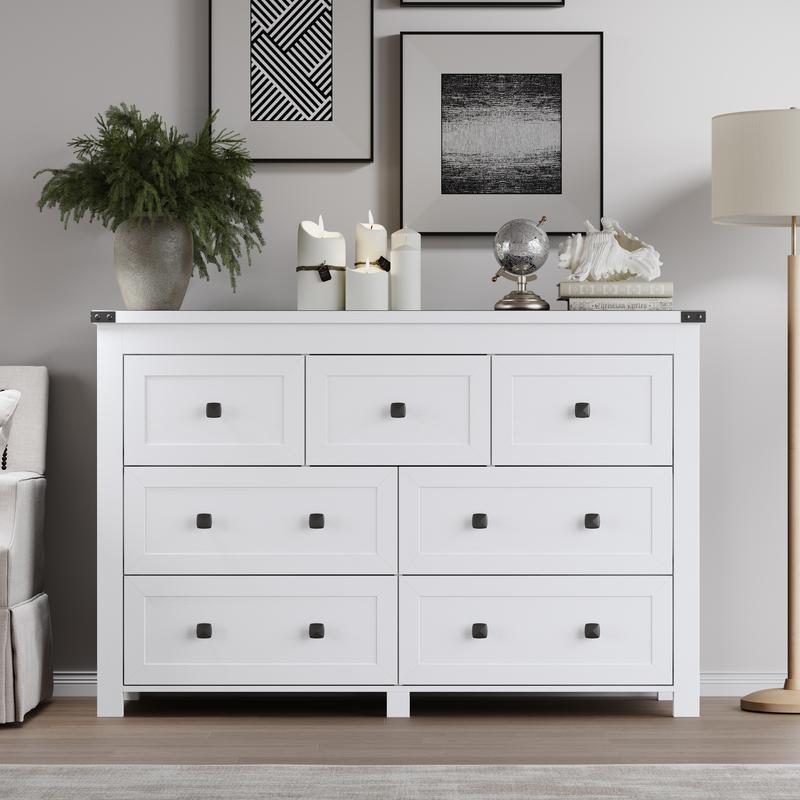 Bedroom Dresser，Farmhouse wooden drawer cabinet with 7 drawers, wide TV stand with metal handles for storage furniture, modern clothing organizer for hallway, living room, entrance, brown