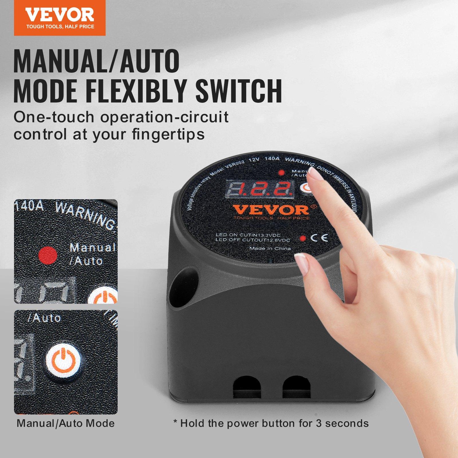 【FathersDayGift】 VEVOR Dual Battery Isolator Kit, 12V 140Amp, Manual and Auto Modes VSR Voltage Sensitive Relay with LCD Screen, Smart Battery Isolator for ATV UTV RV Camper Off-Road Vehicle Caravan Truck Boat Yacht