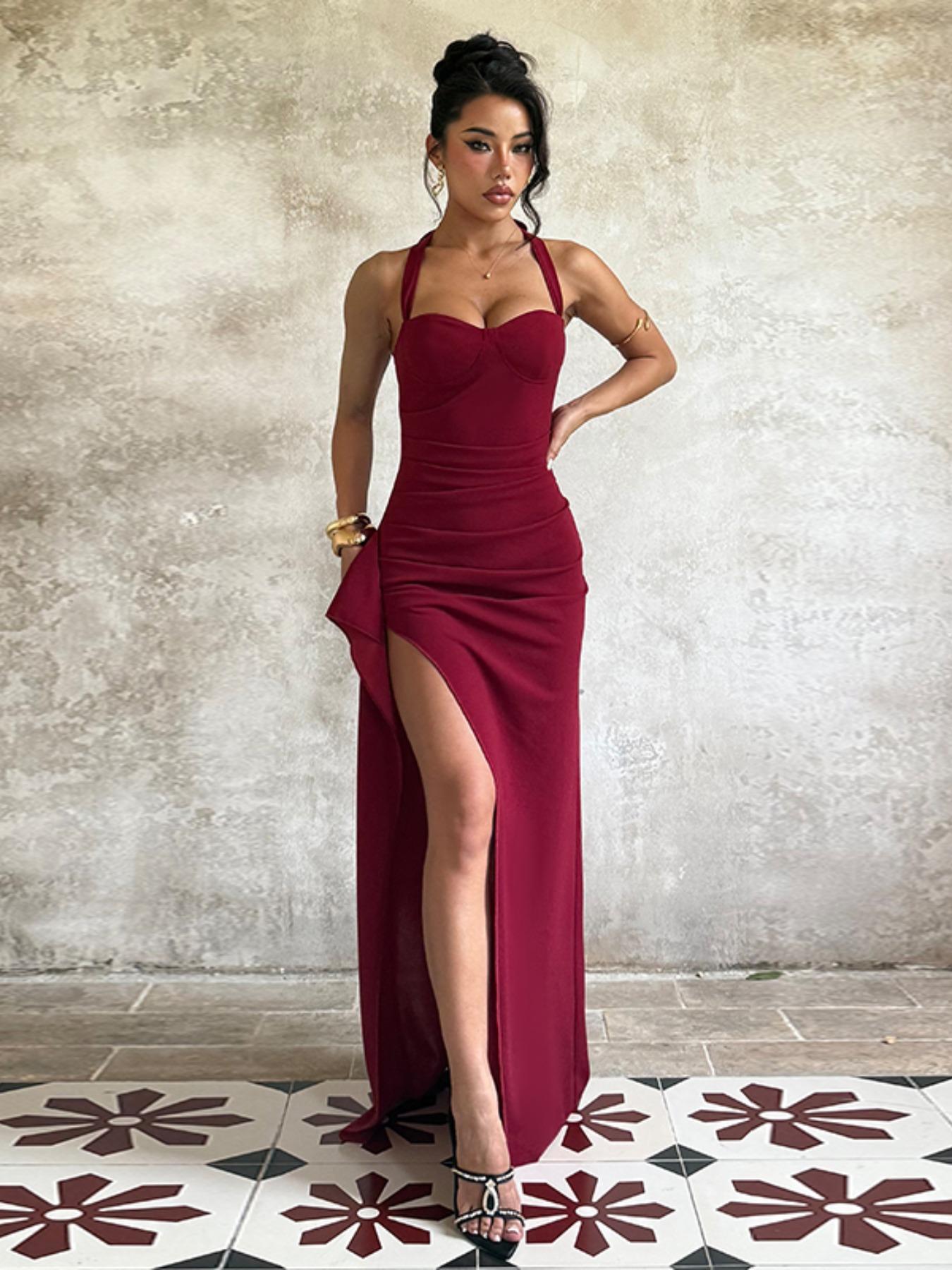 Backless Strapless Plain Slim Fit Slit Dress, Sexy All Season Women's Clothing, Perfect for Casual & Daily Wear