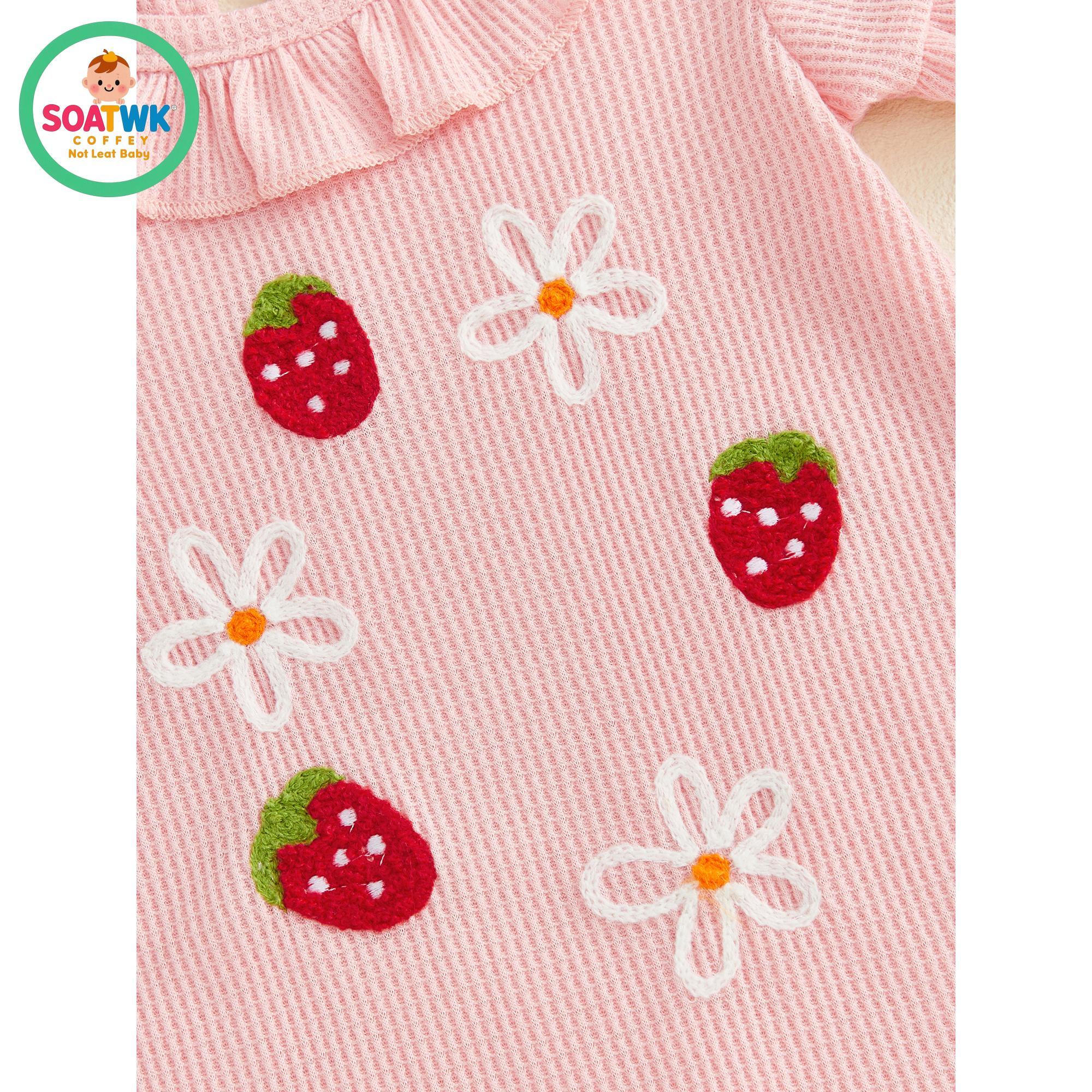 Baby Girl Summer Romper Strawberry Floral Embroidery Ruffles Short Sleeve Jumpsuit with Cute Headband Set