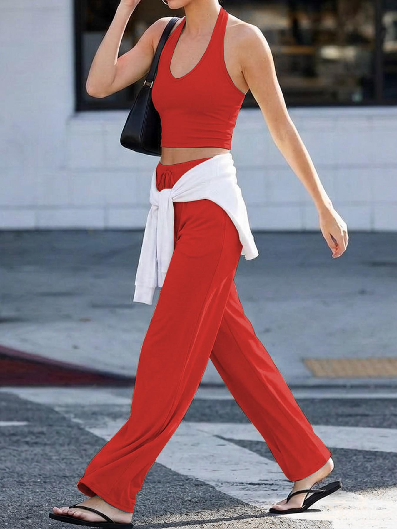 Women's Quick-Dry Sports Tank Top, Casual High-Waisted Bell Bottoms, Comfortable Sporty, All-Season Plain Style, Casual Sportswear Set, Casual Sportswear Outfit
