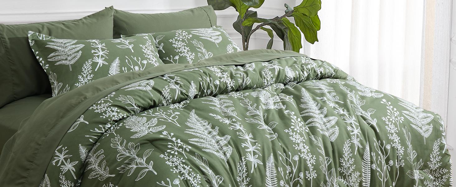 PHF 3/7 counts/set Comforter Set, Reversible Botanical Bedding Set Include Comforter, Pillow Shams, Flat Sheet, Fitted Sheet and Pillowcases
