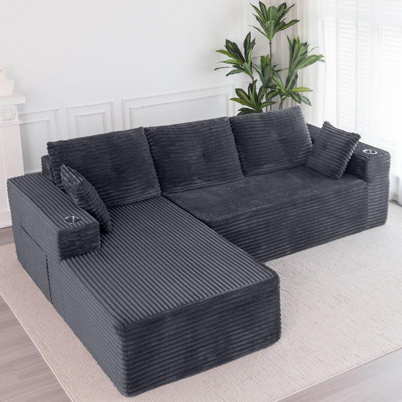 [Hot Sale] MAXYOYO 104" L-Shape Modular Couch, Corduroy Cloud Sectional Sofa, 104"*65"*31.5", 2 Cupholders Design, No Assembly Required, Cozy for Living Room or Apartment