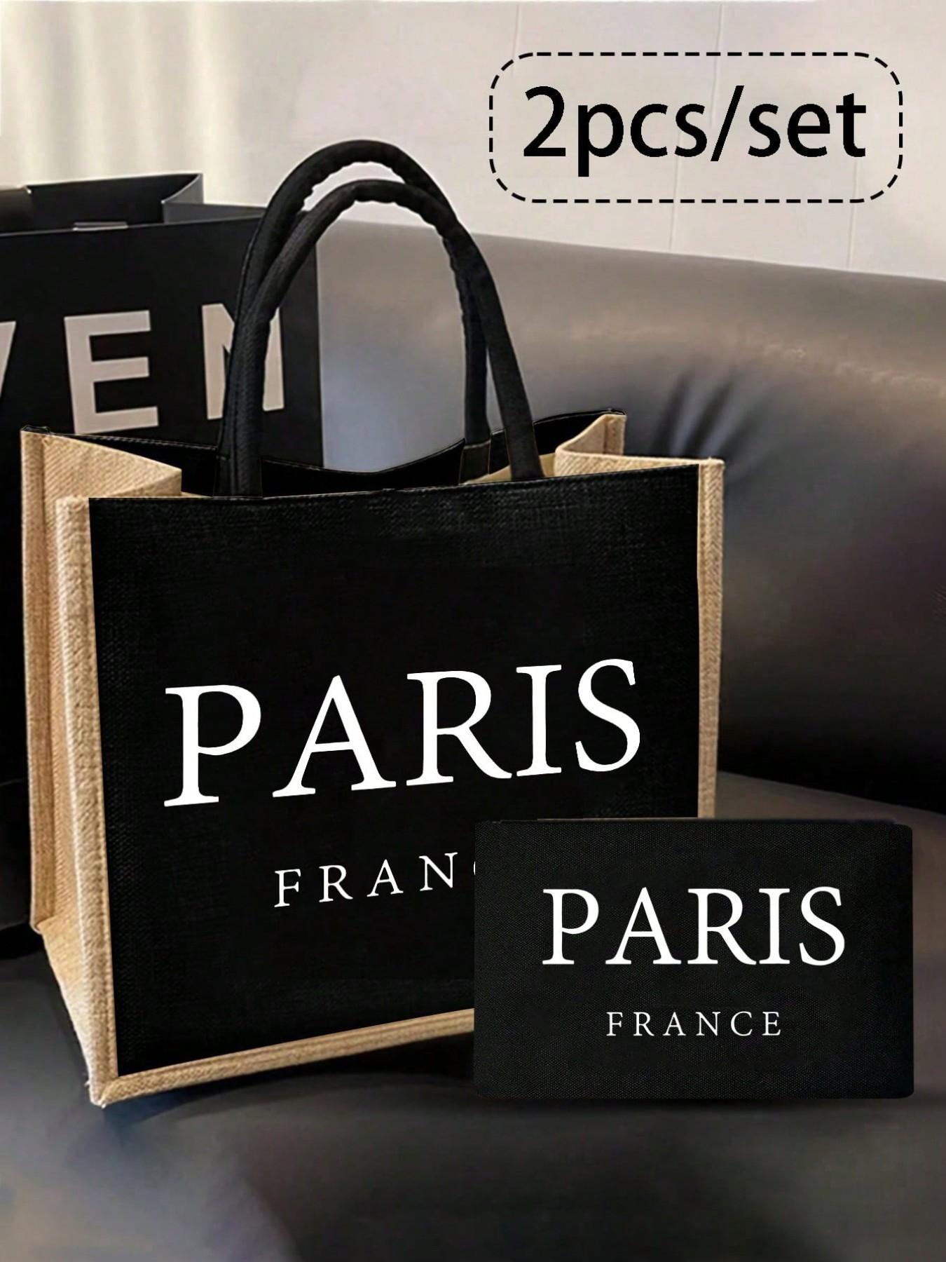 Linen Tote Bag Set, Paris Print & Small Pouch, Linen with Buckle & Zip, Perfect for Makeup, Nail Polish, Beach, Gifts for Women, Teachers, Friends