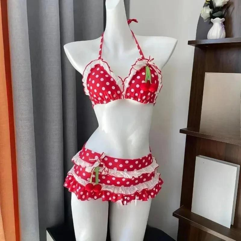 Women Y2k Sweet Bikini Set Japanese Kawaii Print Ruffles Lolita Swimsuit Crop Top + Skirt Two Piece Swimwear Beach WearBeach photography